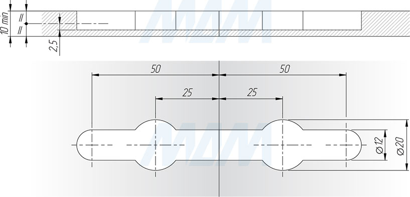 Присадочные размеры для стяжки K-TOP для тонких плит и столешниц толщиной от 10 мм (артикул C 01000 25 22), схема 2