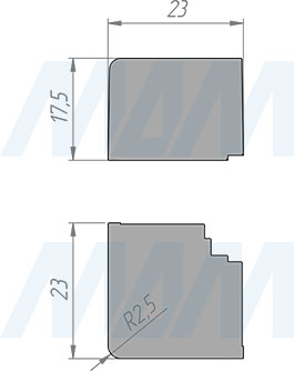 Размеры крышки внешнего угла квадратного алюминиевого плинтуса (артикул 09.577)