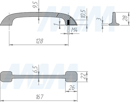 Размеры ручки-скобы с межцентровым расстоянием 128 мм (артикул BH.19.128)