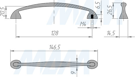 Размеры ручки-скобы с межцентровым расстоянием 128 мм (артикул BH.29.128)