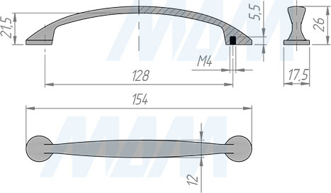Размеры ручки-скобы с межцентровым расстоянием 128 мм (артикул BH.30.128)