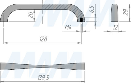 Размеры ручки-скобы с межцентровым расстоянием 128 мм (артикул BH.61.128)