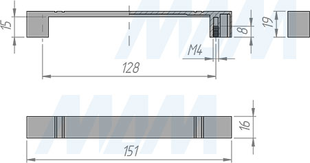Размеры ручки-скобы с межцентровым расстоянием 128 мм (артикул BH.66.128)