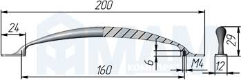 Размеры ручки-скобы BOW  с межцентровым расстоянием 160 мм (артикул UN31)