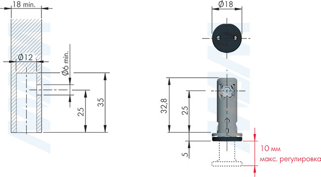Размеры и установка регулируемой опоры REKORD TECH, D12 мм, высота отверстия 25 мм, с круглой ножкой (артикул 3030311RT)
