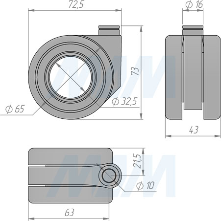 Размеры колесной опоры DENVER с прорезиненным колесом диаметром 65 мм без стопора (артикул CST15)