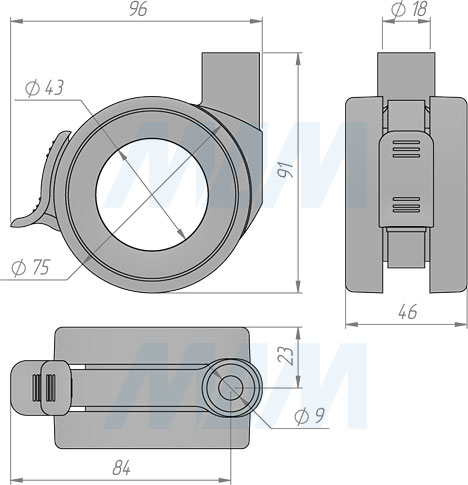 Размеры колесной опоры BISMARK с прорезиненным колесом диаметром 75 мм со стопором (артикул CST17)