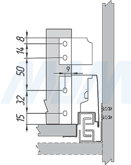 Присадочные размеры для задней стенки при установке стандартного ящика M-TECH с рейлингом (артикул MT.MS)