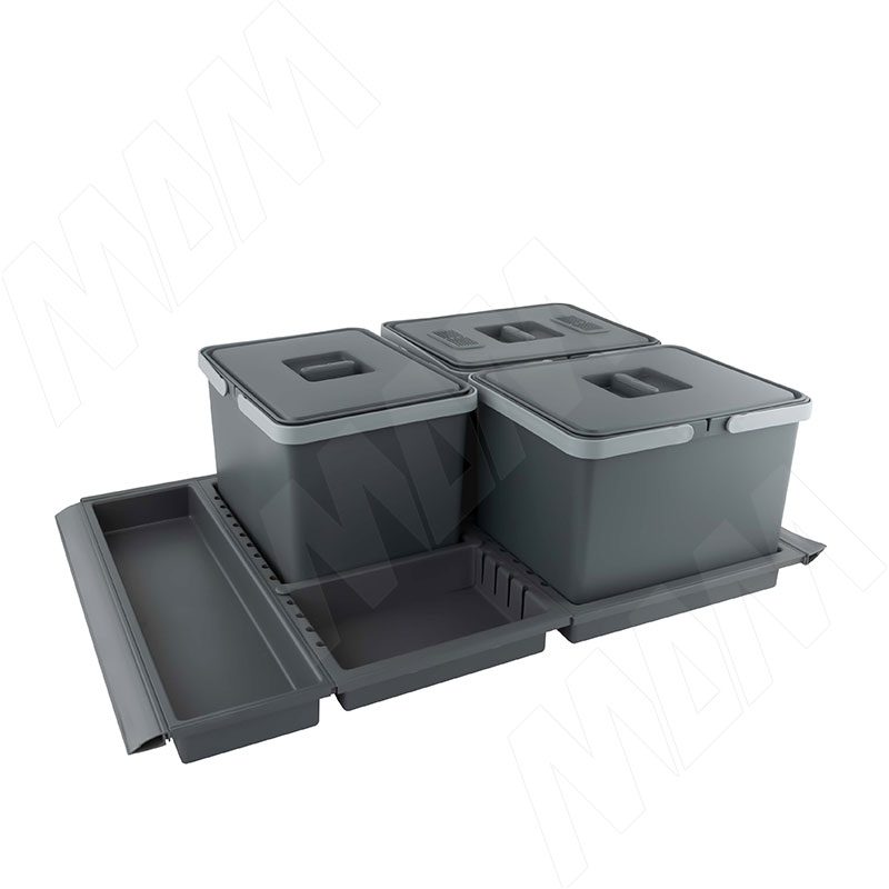 METROPOLIS Система для сбора, сортировки и утилизации мусора для мебельного ящика шириной 800мм с 3 емкостями: 12л+12л+12л, с крышками, цвет серый баз (PTC22080507FC97) Elletipi (Италия)
