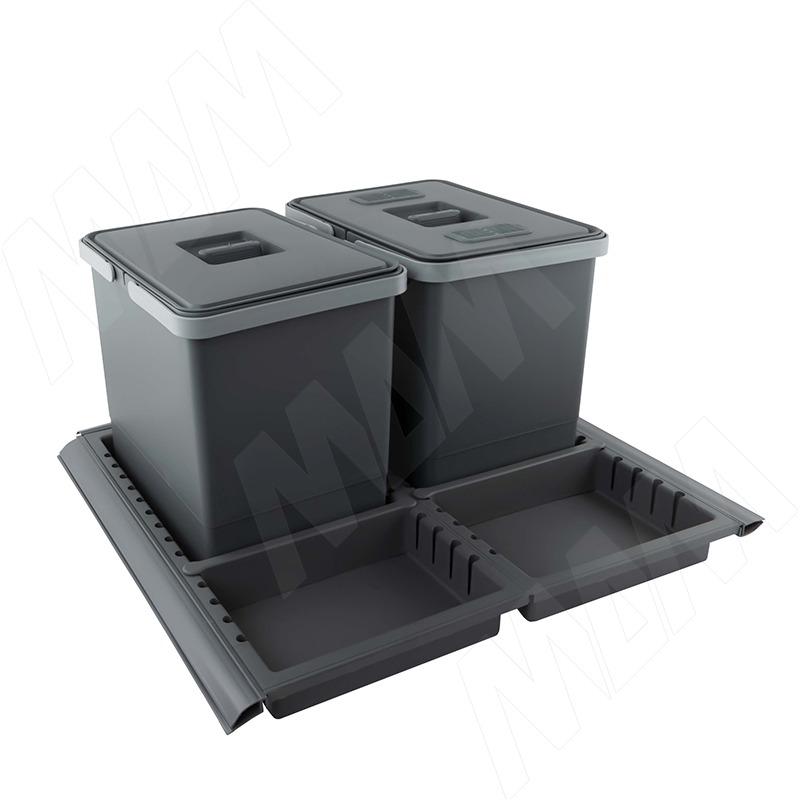 METROPOLIS Система для сбора, сортировки и утилизации мусора для мебельного ящика шириной 600мм с 2 емкостями: 15л+15л, с крышками, цвет серый базальт (PTC28060503FC97) Elletipi (Италия)