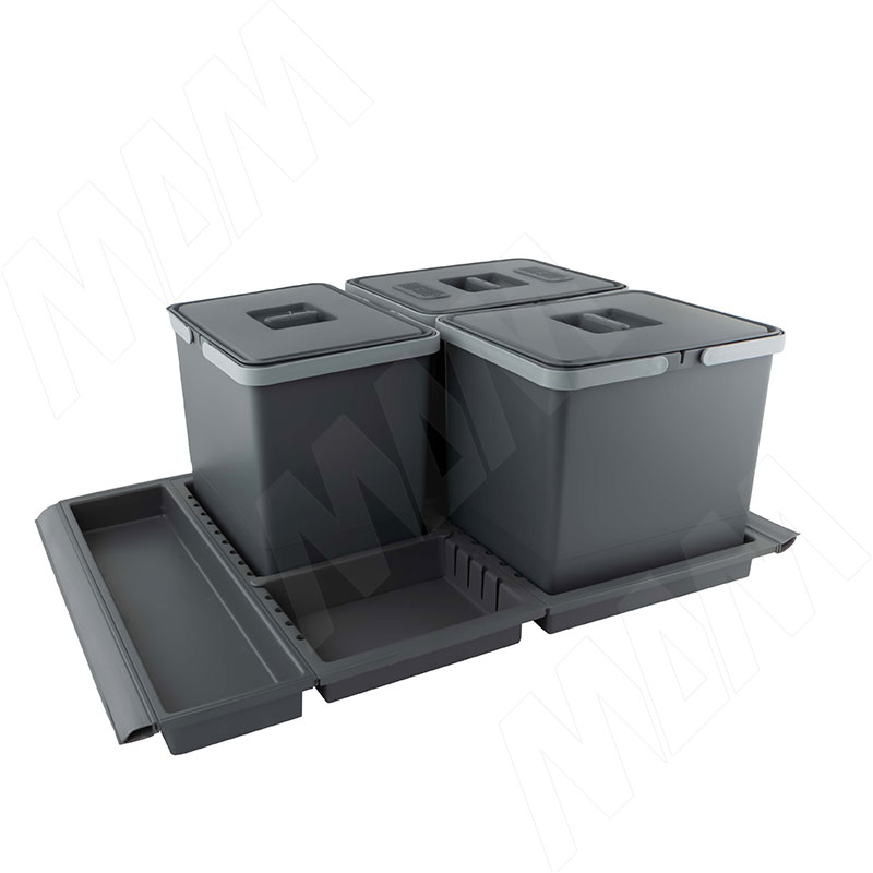 METROPOLIS Система для сбора, сортировки и утилизации мусора для мебельного ящика шириной 800мм с 3 емкостями: 15л+15л+15л, с крышками, цвет серый баз (PTC28080507FC97) Elletipi (Италия)