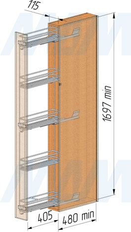 Установка выдвижной колонны ROUND (бутылочницы) для фасада 150 мм, 5 уровней, с боковым левым креплением (артикул ELQGMSG155SXPRPCNP), схема 1