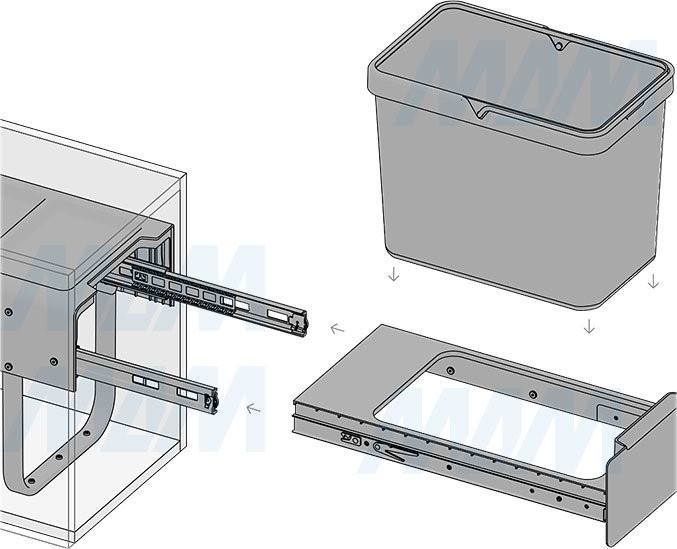 Установка встраиваемой выдвижной корзины EASYBOX F30 для мусора с распашным фасадом 300 мм с ведром 19 л (артикул EMB301-19DG), схема 4