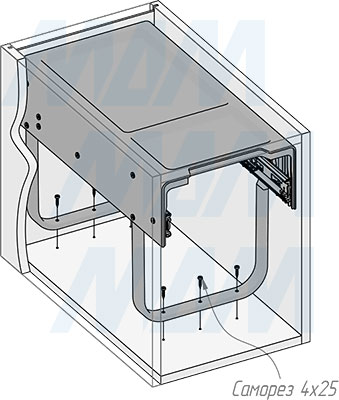Установка встраиваемой выдвижной корзины EASYBOX F30 для мусора с выдвижным фасадом шириной 300 мм с ведром 19 л (артикул EMB301-19DG), схема 4