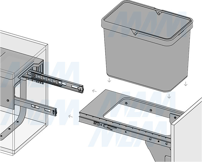 Установка встраиваемой выдвижной корзины EASYBOX F30 для мусора с выдвижным фасадом шириной 300 мм с ведром 19 л (артикул EMB301-19DG), схема 7