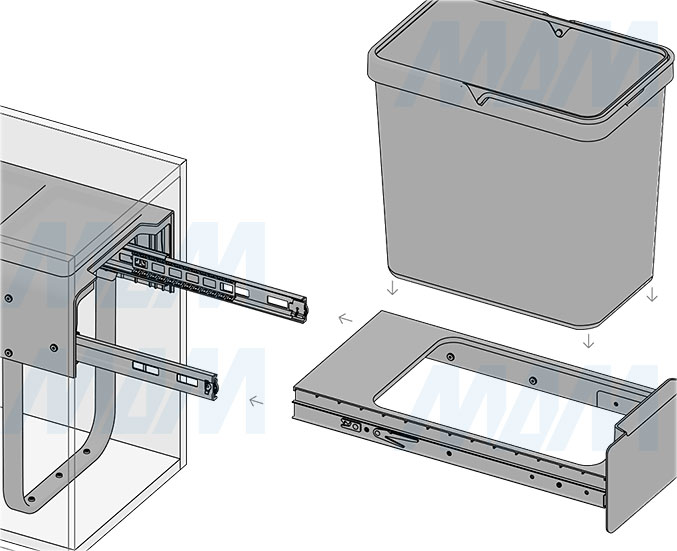 Установка встраиваемой выдвижной корзины EASYBOX F30 для мусора с распашным фасадом 300 мм с ведром 22 л (артикул EMB301-22DG), схема 4