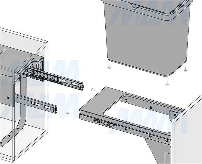 Установка встраиваемой выдвижной корзины EASYBOX F30 для мусора с выдвижным фасадом шириной 300 мм с ведром 22 л (артикул EMB301-22DG), схема 7
