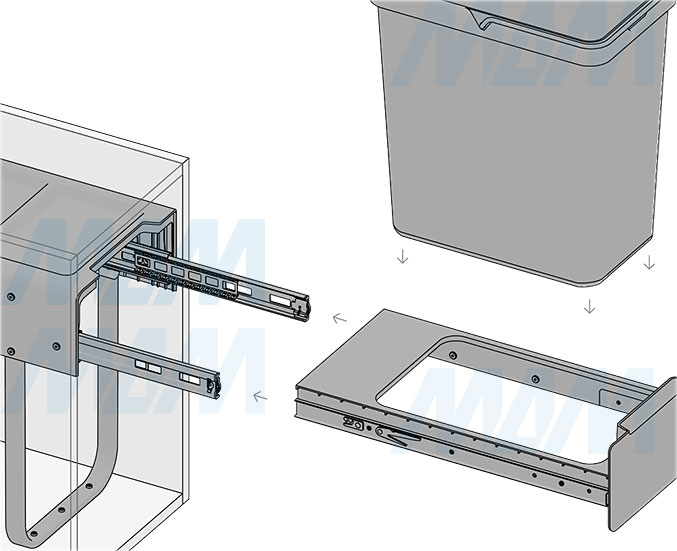 Установка встраиваемой выдвижной корзины EASYBOX F30 для мусора с распашным фасадом 300 мм с ведром 25 л (артикул EMB301-25DG), схема 4