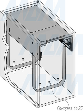 Установка встраиваемой выдвижной корзины EASYBOX F30 для мусора с выдвижным фасадом шириной 300 мм с ведром 25 л (артикул EMB301-25DG), схема 4