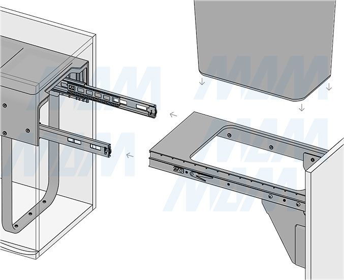 Установка встраиваемой выдвижной корзины EASYBOX F30 для мусора с выдвижным фасадом шириной 300 мм с ведром 25 л (артикул EMB301-25DG), схема 7