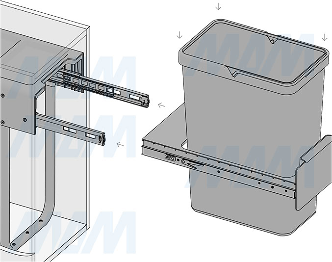 Установка встраиваемой выдвижной корзины EASYBOX F30 для мусора с распашным фасадом 300 мм с ведром 30 л (артикул EMB301-30DG), схема 4