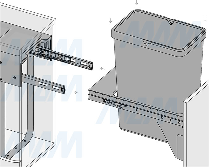 Установка встраиваемой выдвижной корзины EASYBOX F30 для мусора с выдвижным фасадом шириной 300 мм с ведром 30 л (артикул EMB301-30DG), схема 7