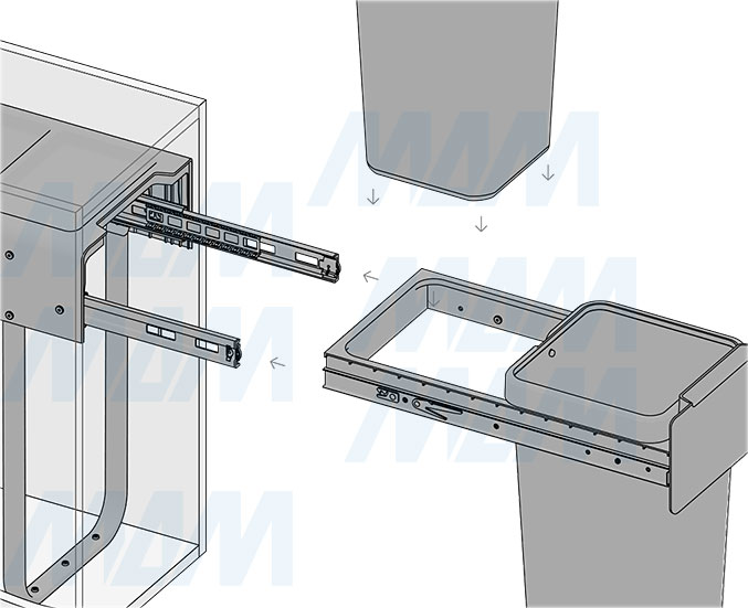 Установка встраиваемой выдвижной корзины EASYBOX F30 для мусора с распашным фасадом 300 мм с 2 ведрами 17 л (артикул EMB302-34DG), схема 4