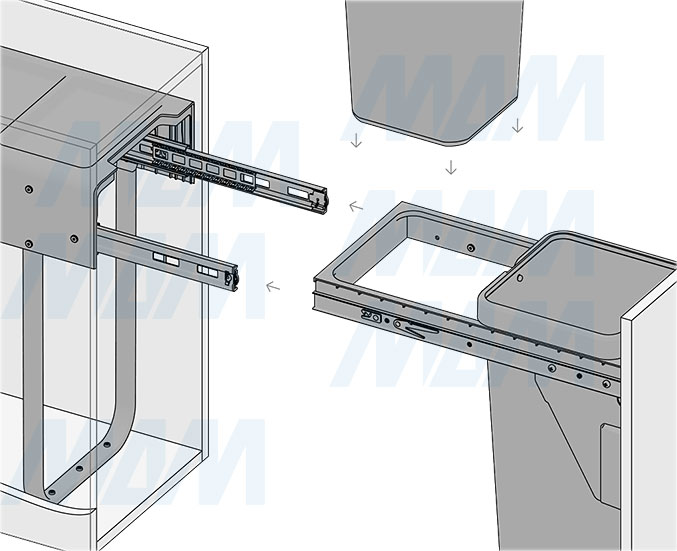 Установка встраиваемой выдвижной корзины EASYBOX F30 для мусора с выдвижным фасадом шириной 300 мм с 2 ведрами 17 л (артикул EMB302-34DG), схема 7