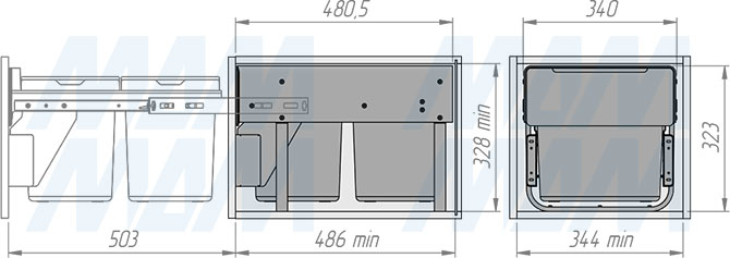 Установка встраиваемой выдвижной корзины EASYBOX F40 для мусора с выдвижным фасадом шириной 400 мм с 2 ведрами 15 л (артикул EMB402-30DG), схема 2