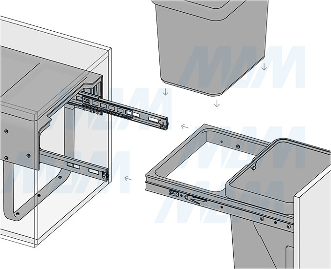 Установка встраиваемой выдвижной корзины EASYBOX F40 для мусора с выдвижным фасадом шириной 400 мм с 2 ведрами 15 л (артикул EMB402-30DG), схема 7