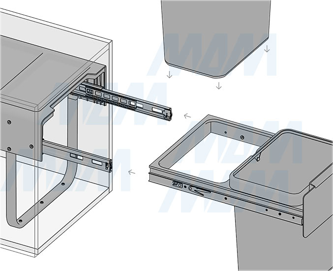Установка встраиваемой выдвижной корзины EASYBOX F40 для мусора с распашным фасадом 400 мм с 2 ведрами 18 л (артикул EMB402-36DG), схема 4