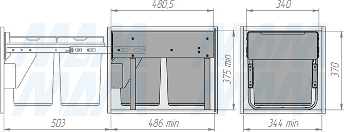 Установка встраиваемой выдвижной корзины EASYBOX F40 для мусора с выдвижным фасадом шириной 400 мм с 2 ведрами 18 л (артикул EMB402-36DG), схема 2