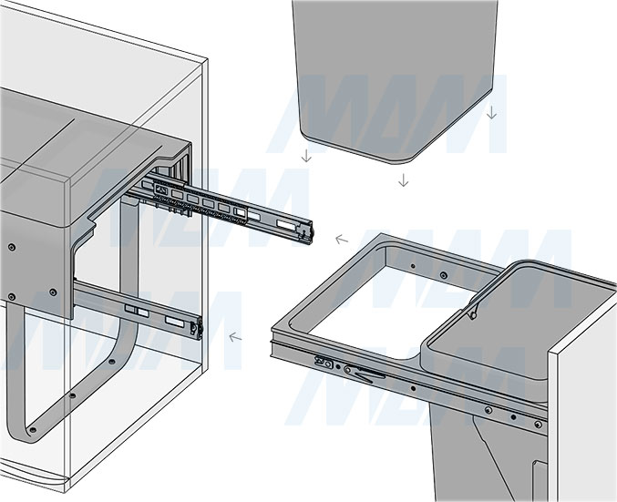 Установка встраиваемой выдвижной корзины EASYBOX F40 для мусора с выдвижным фасадом шириной 400 мм с 2 ведрами 18 л (артикул EMB402-36DG), схема 7