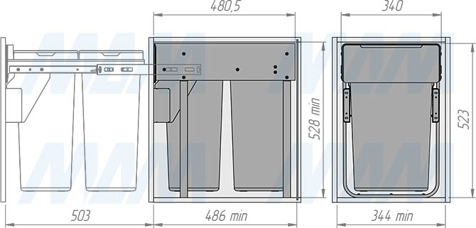 Установка встраиваемой выдвижной корзины EASYBOX F40 для мусора с выдвижным фасадом шириной 400 мм с 2 ведрами 26 л (артикул EMB402-52DG), схема 2