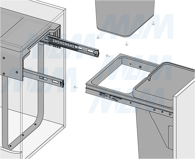 Установка встраиваемой выдвижной корзины EASYBOX F40 для мусора с выдвижным фасадом шириной 400 мм с 2 ведрами 26 л (артикул EMB402-52DG), схема 7