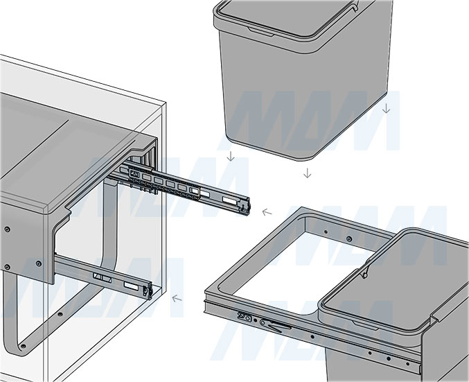 Установка встраиваемой выдвижной корзины EASYBOX F45 для мусора с распашным фасадом 450 мм с 2 ведрами 19 л (артикул EMB452-38DG), схема 4
