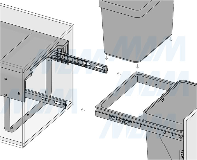 Установка встраиваемой выдвижной корзины EASYBOX F45 для мусора с выдвижным фасадом шириной 450 мм с 2 ведрами 19 л (артикул EMB452-38DG), схема 7