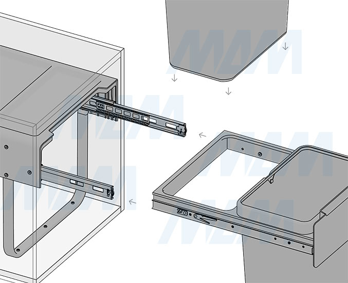 Установка встраиваемой выдвижной корзины EASYBOX F45 для мусора с распашным фасадом 450 мм с 2 ведрами 22 л (артикул EMB452-44DG), схема 4