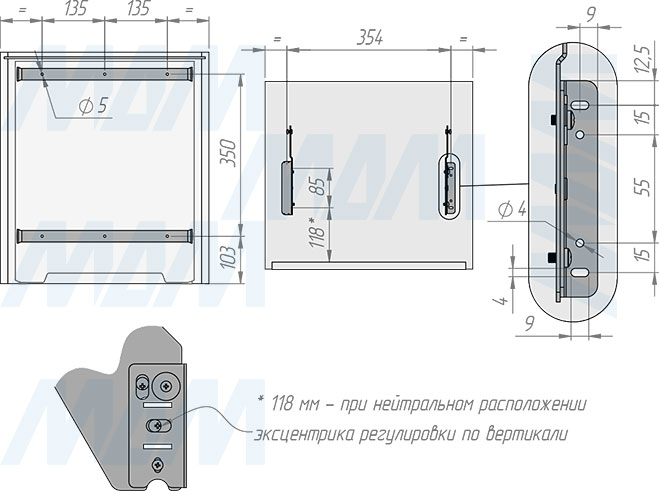 Установка встраиваемой выдвижной корзины EASYBOX F45 для мусора с выдвижным фасадом шириной 450 мм с 2 ведрами 22 л (артикул EMB452-44DG), схема 1