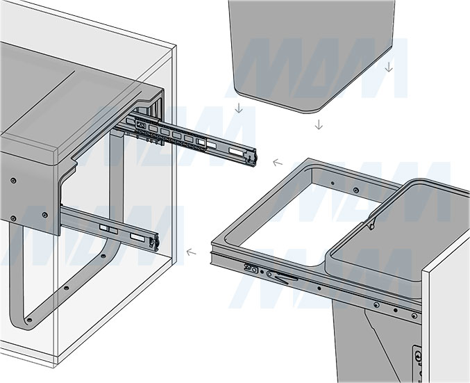 Установка встраиваемой выдвижной корзины EASYBOX F45 для мусора с выдвижным фасадом шириной 450 мм с 2 ведрами 22 л (артикул EMB452-44DG), схема 7