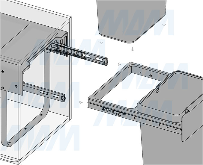 Установка встраиваемой выдвижной корзины EASYBOX F45 для мусора с распашным фасадом 450 мм с 2 ведрами 25 л (артикул EMB452-50DG), схема 4