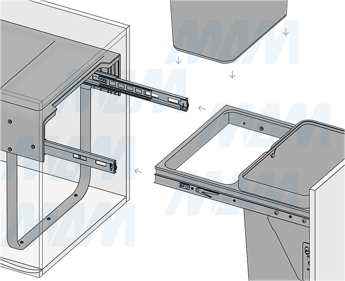 Установка встраиваемой выдвижной корзины EASYBOX F45 для мусора с выдвижным фасадом шириной 450 мм с 2 ведрами 25 л (артикул EMB452-50DG), схема 7