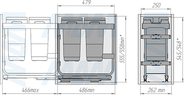 Установка системы KOMBI 2.0 M30W для фасадов шириной от 300 мм с 2 ведрами для сортировки и хранения (артикул KOMBI2GME302SCGM), схема 2