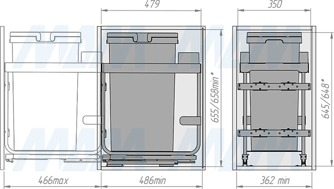 Установка системы KOMBI 2.0 M40W для фасадов шириной от 400 мм с 1 ведром для сортировки и хранения (артикул KOMBI2GME401ASCGM), схема 2