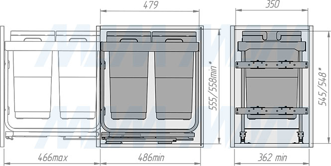 Установка системы KOMBI 2.0 M40W для фасадов шириной от 400 мм с 2 ведрами для сортировки и хранения (артикул KOMBI2GME402SCGM), схема 2