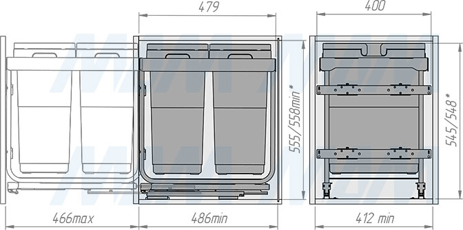 Установка системы KOMBI 2.0 M45W для фасадов шириной от 450 мм с 2 ведрами для сортировки и хранения (артикул KOMBI2GME452SCGM), схема 2