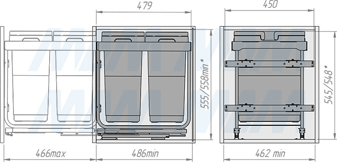 Установка системы KOMBI 2.0 M50W для фасадов шириной от 500 мм с 2 ведрами для сортировки и хранения (артикул KOMBI2GME502SCGM), схема 2