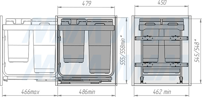 Установка системы KOMBI 2.0 M50W для фасадов шириной от 500 мм с 3 ведрами для сортировки и хранения (артикул KOMBI2GME503SCGM), схема 2