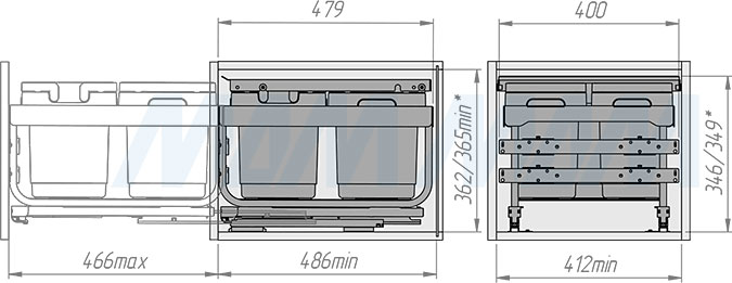 Установка системы KOMBI MINI M45W для фасадов шириной от 450 мм с 3 ведрами с крышкой-полкой для сортировки и хранения (артикул MKOMBI2GME453SCGMRF), схема 2