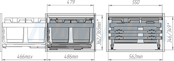 Установка системы KOMBI MINI M60W для фасадов шириной от 600 мм с 4 ведрами с крышкой-полкой для сортировки и хранения (артикул MKOMBI2GME604SCGMRF), схема 2